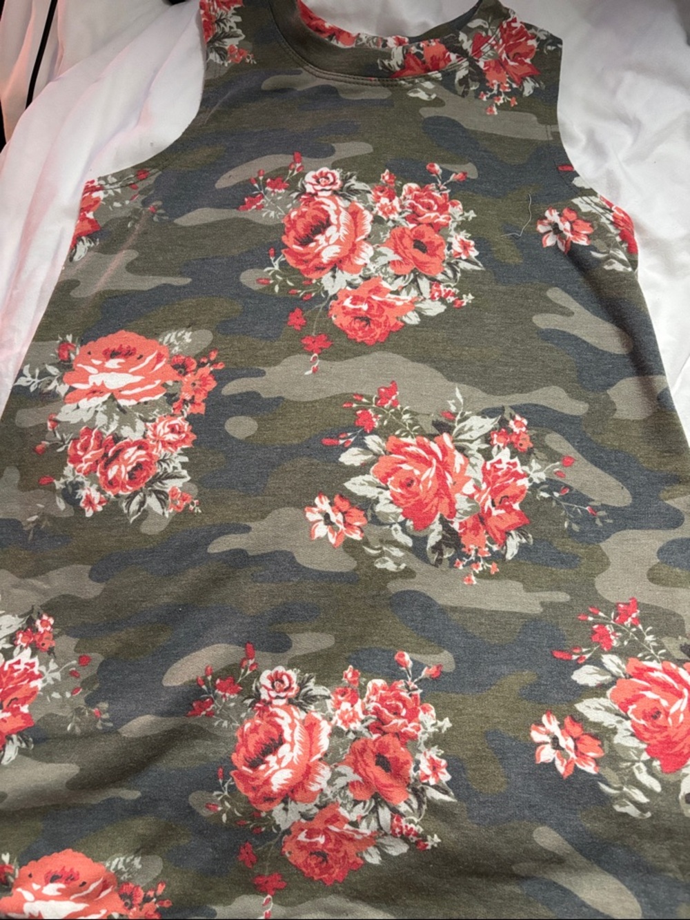 Source Unknown Green Camo Dress with Red Floral Print